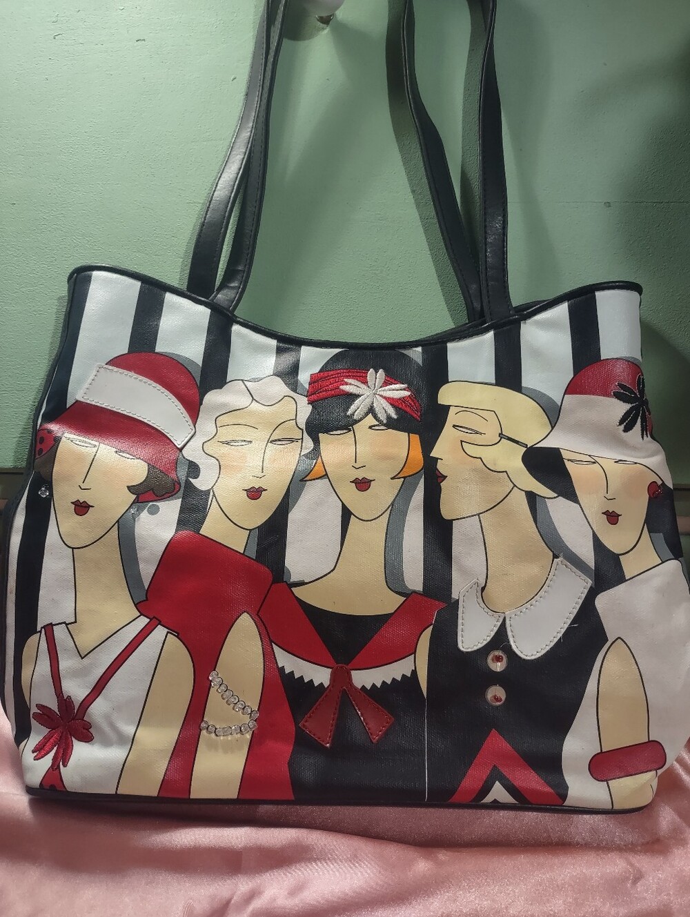 Stylish Black & White Stripe Tote with Red Accent Ladies Print Fashionista Tote
